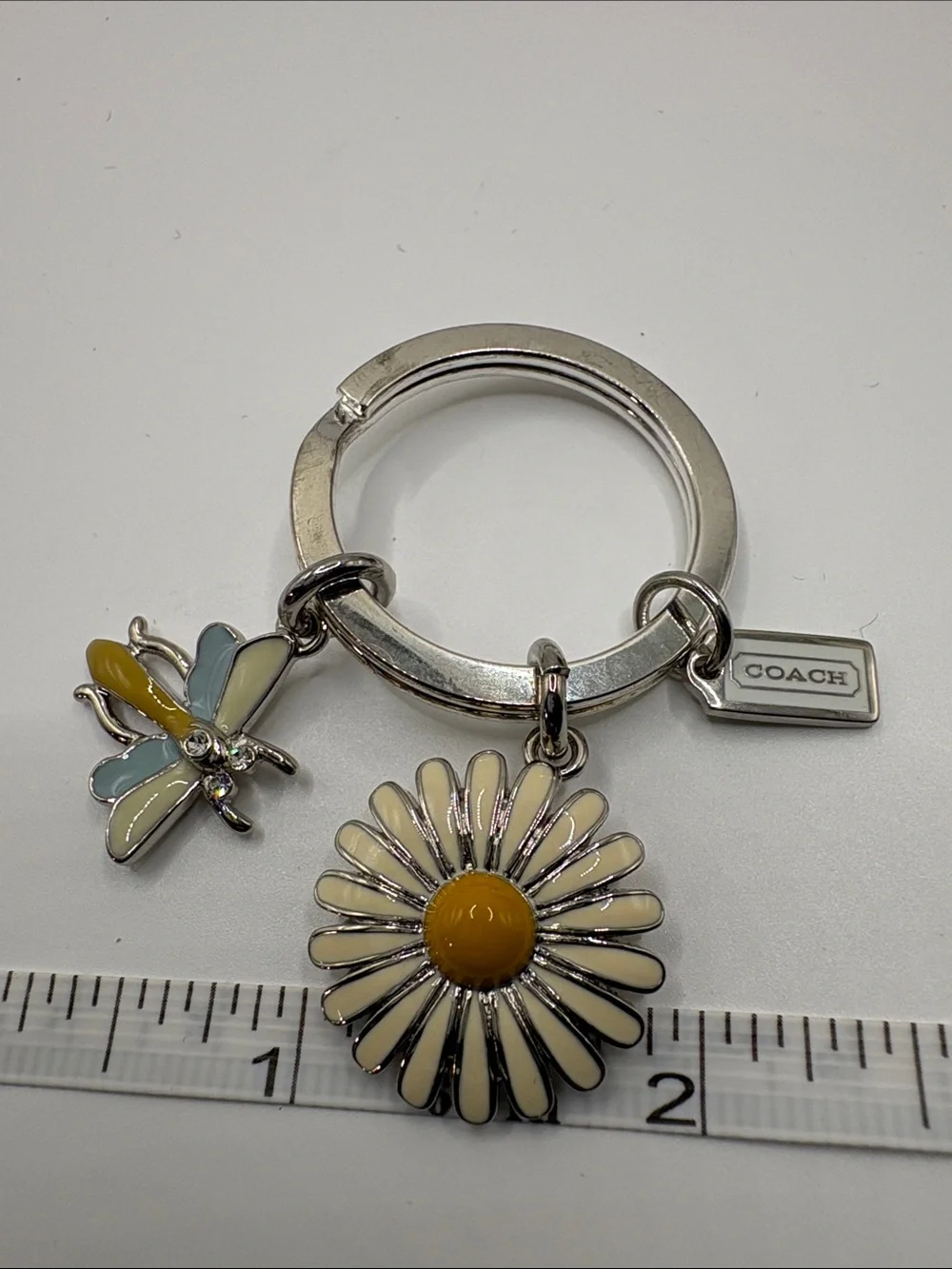 COACH Silver Daisy and Pastel Butterfly Keyring with Yellow Center